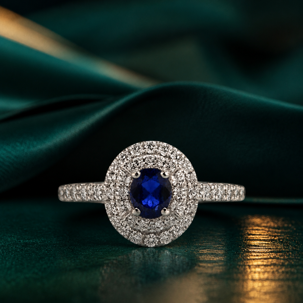 Anello Salvini con zaffiro blu e diamanti in oro bianco 18kt su sfondo verde smeraldo