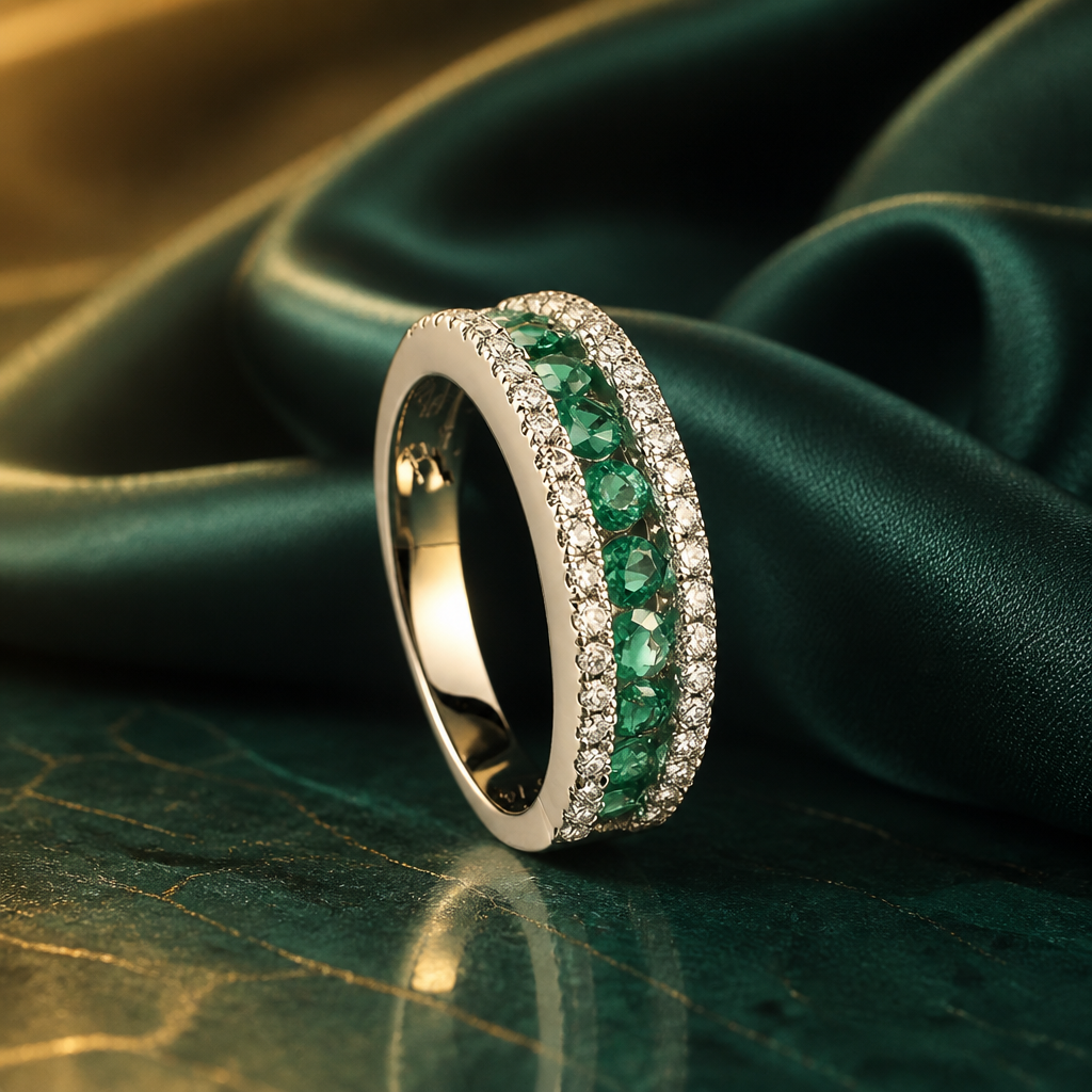 Anello Salvini fascia diamanti e smeraldi su sfondo verde smeraldo
