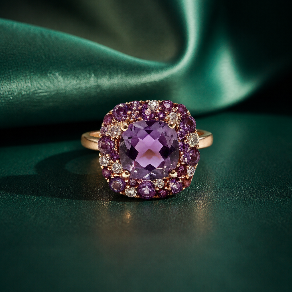 Anello Salvini Collezione Bon Bon Ametista in oro rosa 18kt su sfondo verde smeraldo