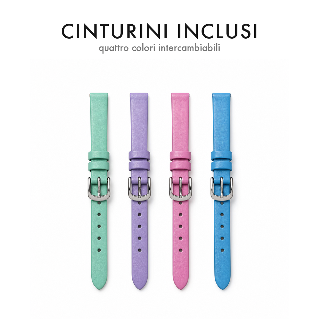I quattro cinturini in pelle inclusi: verde acqua, lilla, rosa e azzurro