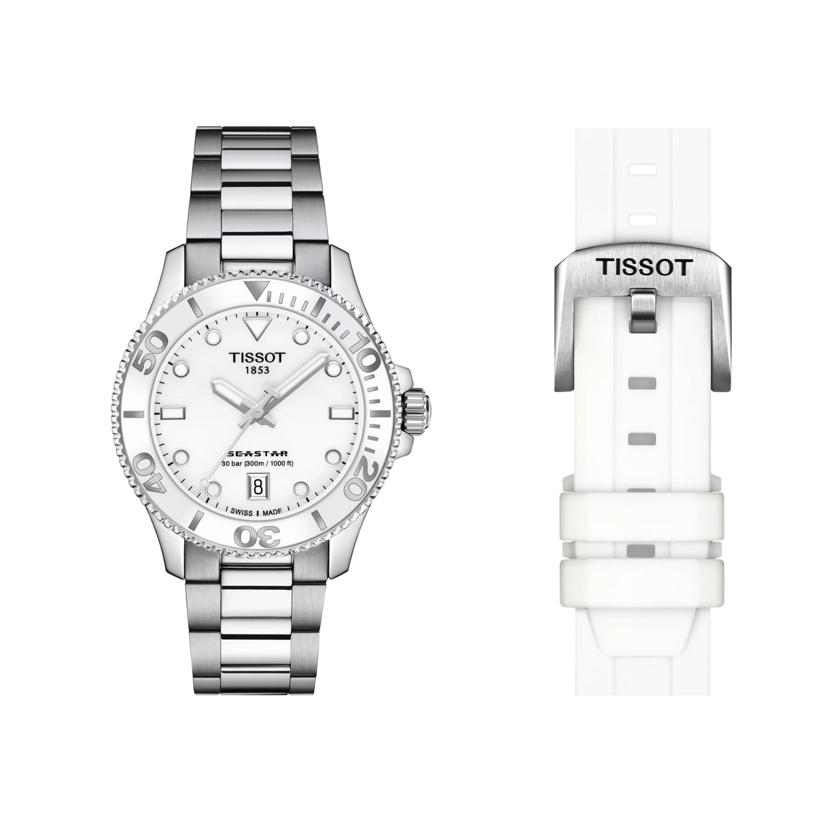 Tissot Seastar 1000 36 mm con il cinturino in caucciù bianco incluso
