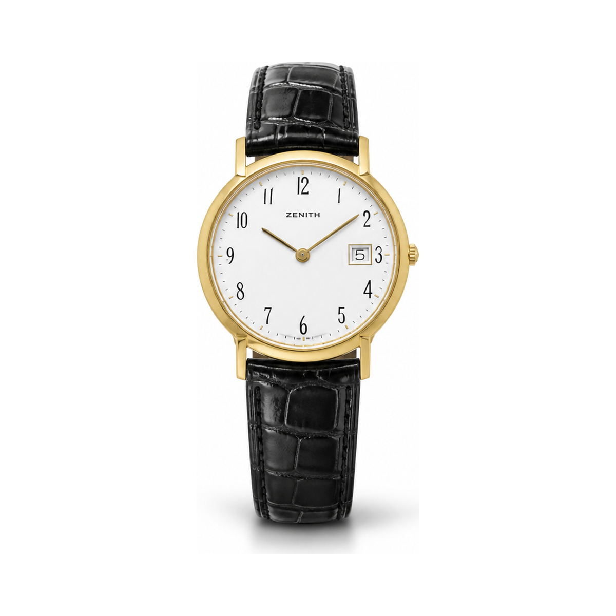 Orologio Zenith in oro con quadrante bianco e cinturino in pelle nera, vista frontale