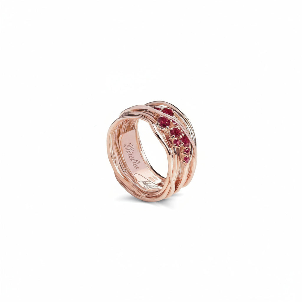 ANELLO FILODELLAVITA TEN 10 FILI ORO ROSA E RUBINI