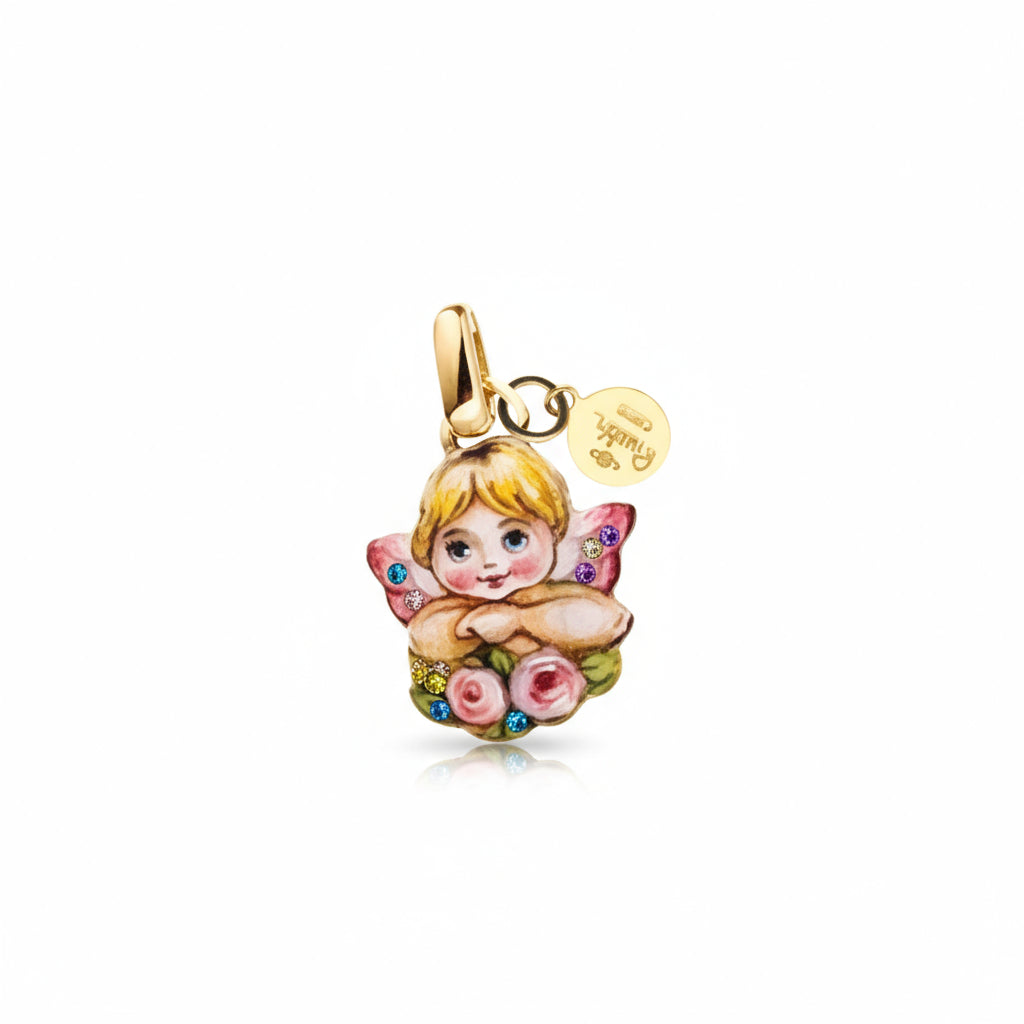 CIONDOLO  ANGIOLETTO ROSA CON FIORI GABRIELLA RIVALTA  REALIZZATO IN ORO MINIATO E RAME.