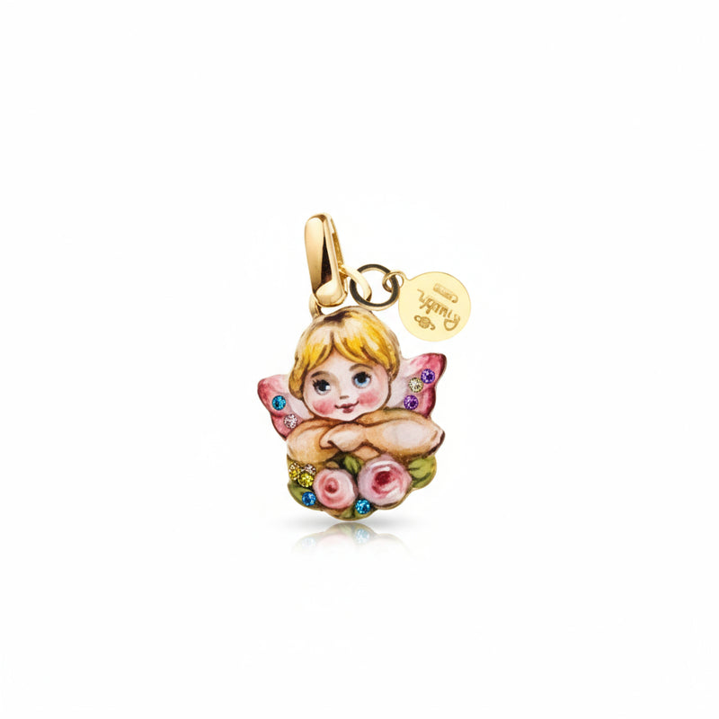 Ciondolo  Angioletto Rosa Con Fiori Gabriella Rivalta  Realizzato In Oro Miniato E Rame.