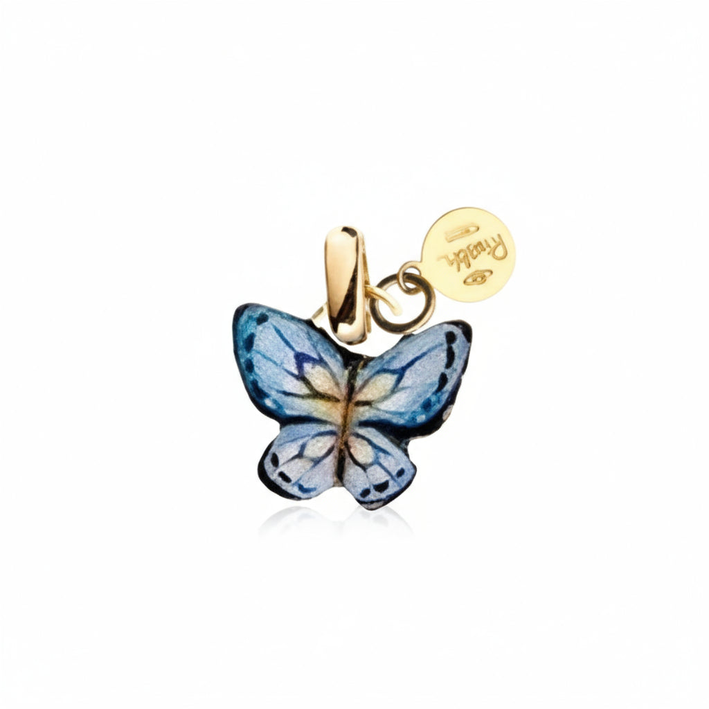 CIONDOLO  FARFALLA CELESTE GABRIELLA RIVALTA  REALIZZATO IN ORO MINIATO E RAME.