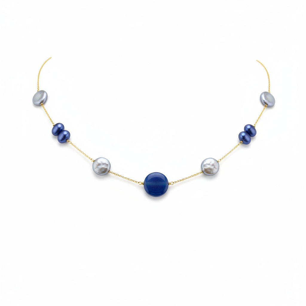 COLLANA CARAVAGGIO IN ORO GIALLO ,AGATA AZZURRA E PERLE D'ACQUA DOLCE.