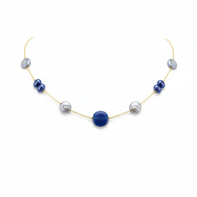 COLLANA CARAVAGGIO IN ORO GIALLO ,AGATA AZZURRA E PERLE D'ACQUA DOLCE.