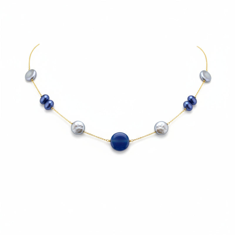 Collana Caravaggio In Oro Giallo ,agata Azzurra E Perle D'acqua Dolce.