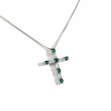 Collana Damiani con croce diamanti taglio baguette ct.0.25 colore H if, smeraldi ct.0.20, oro bianco gr.3.60