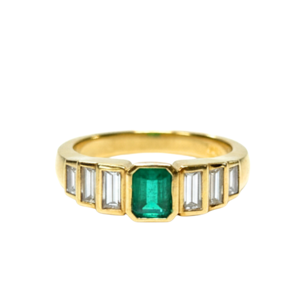 Anello Damiani Oro Con Diamanti Taglio Baguette E Smeraldo 0,56 Ct.