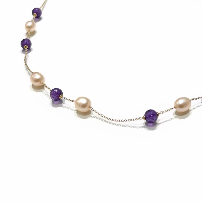 Collana Caravaggio Oro Giallo 18kt  Perle Naturali e Ametista
