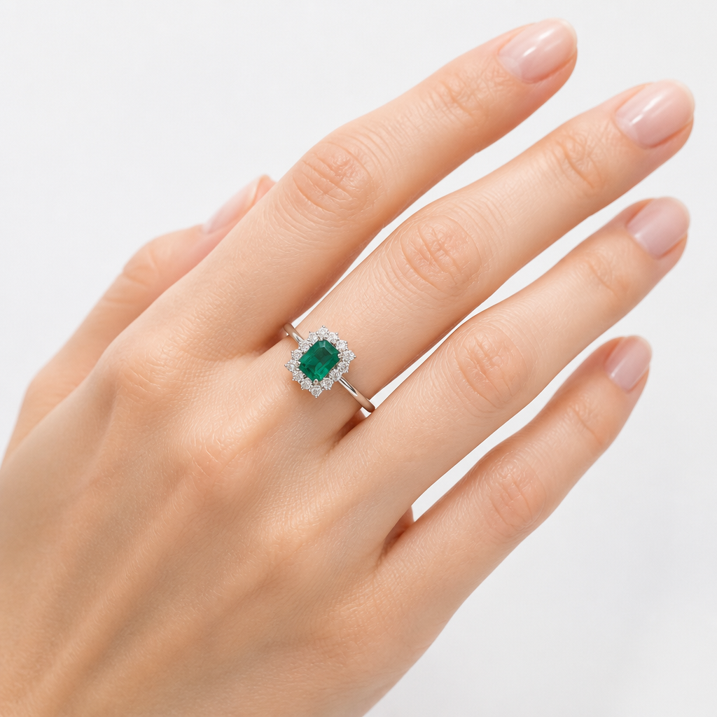 Anello Recarlo oro bianco 18kt con smeraldo e diamanti indossato