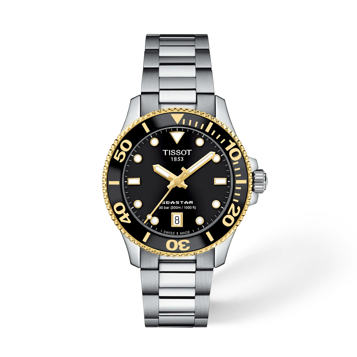 Tissot Seastar 1000 36 mm T120.210.21.051.00 quadrante nero e lunetta oro, vista frontale