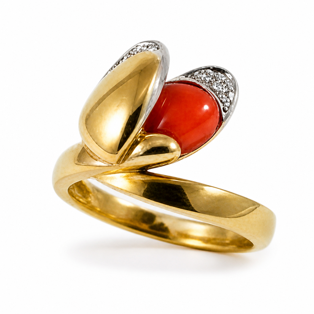 Anello Damiani Diamanti Taglio Brillante Ct.0.05 Colore H If E Corallo, Oro Giallo Gr.7.30.