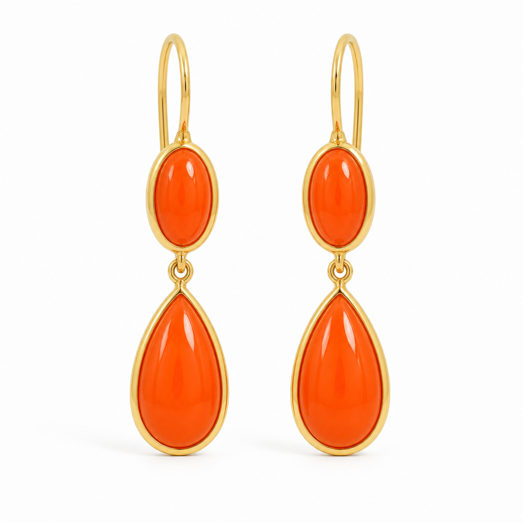 Orecchini pendenti in oro giallo 18kt con corallo ovale e a goccia