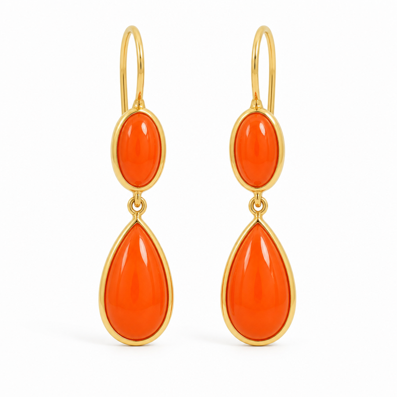 Orecchini Pendenti Oro Giallo 18kt e Corallo a Goccia