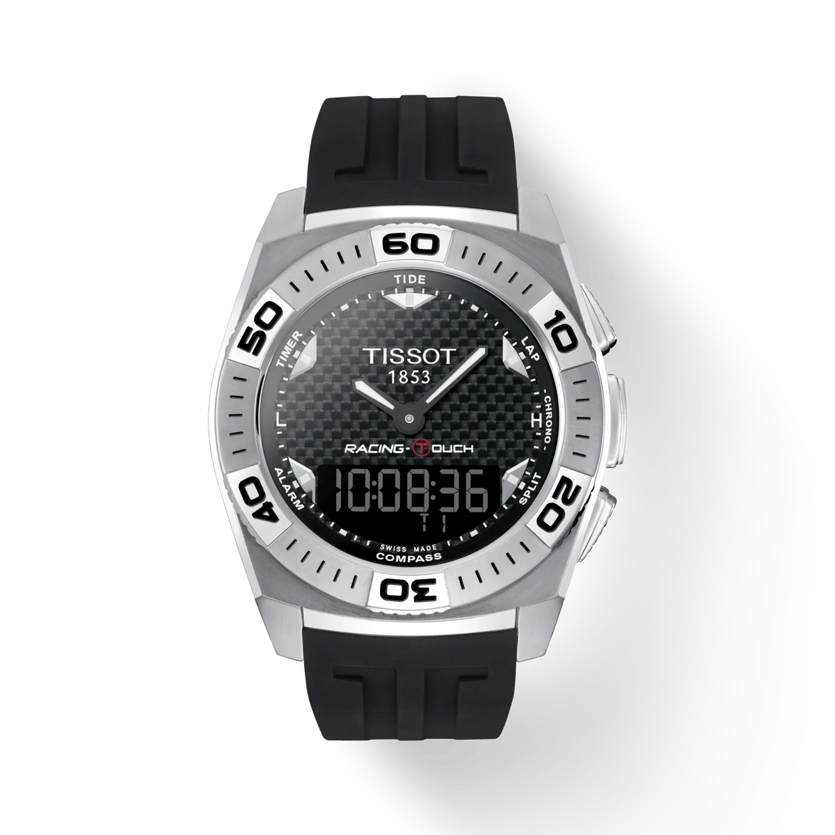 Tissot Racing Touch T002.520.17.201.01 quadrante nero con cinturino in caucciù, vista frontale