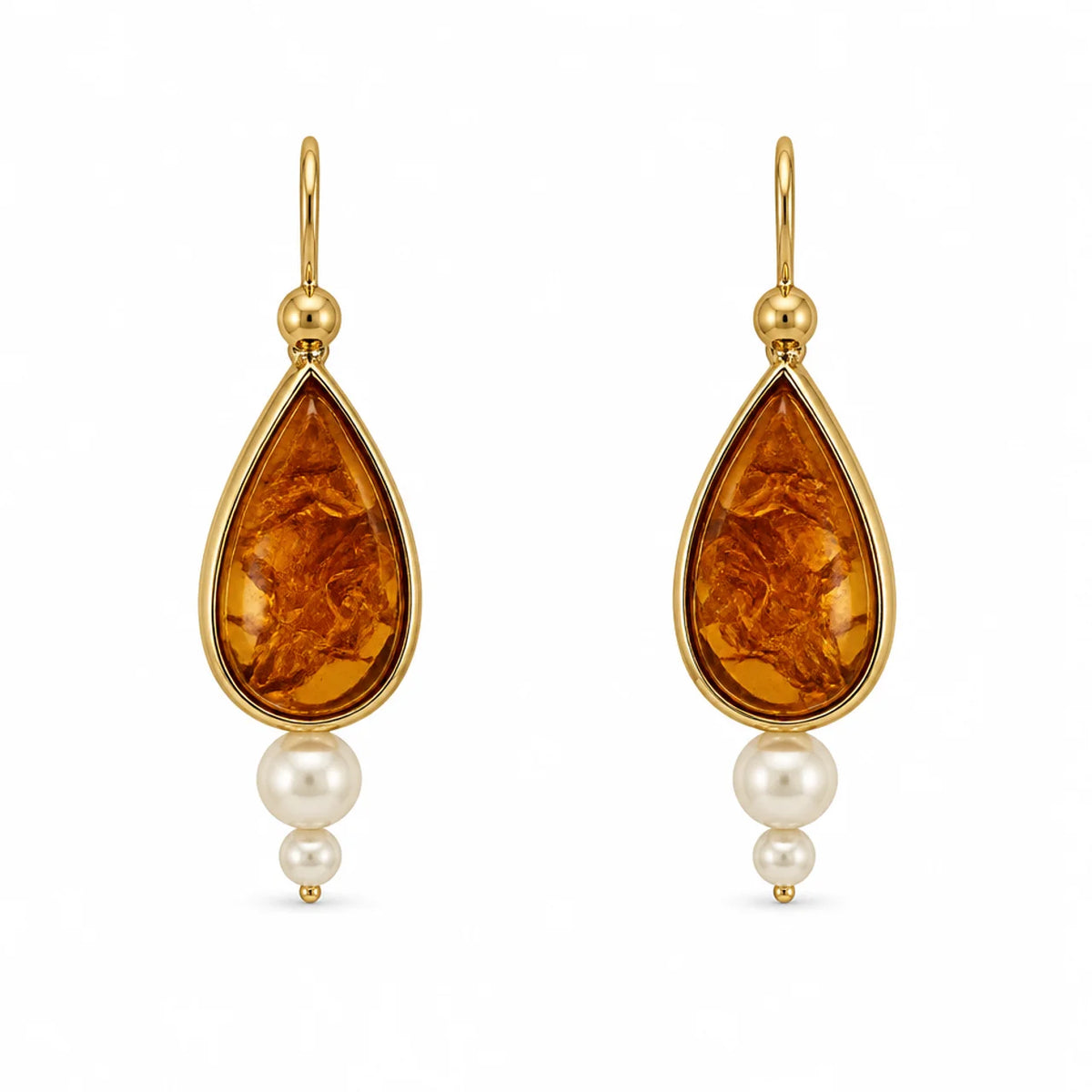 Orecchini Oro Bianco 18kt Ambra Incisa e Perle