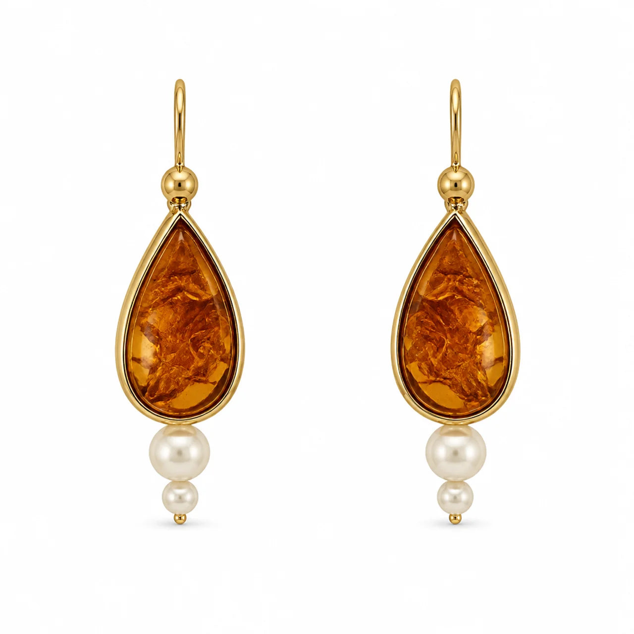 Orecchini Oro Bianco 18kt Ambra Incisa e Perle