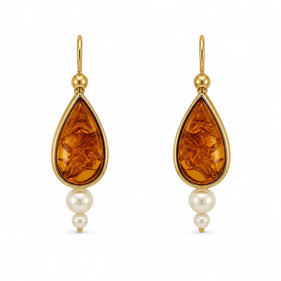 Orecchini Oro Bianco 18kt Ambra Incisa e Perle
